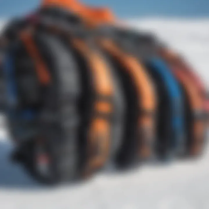 Various types of snowkite harnesses displayed side by side for comparison