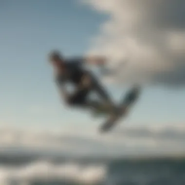 Kiteboarder performing a jump against a scenic backdrop