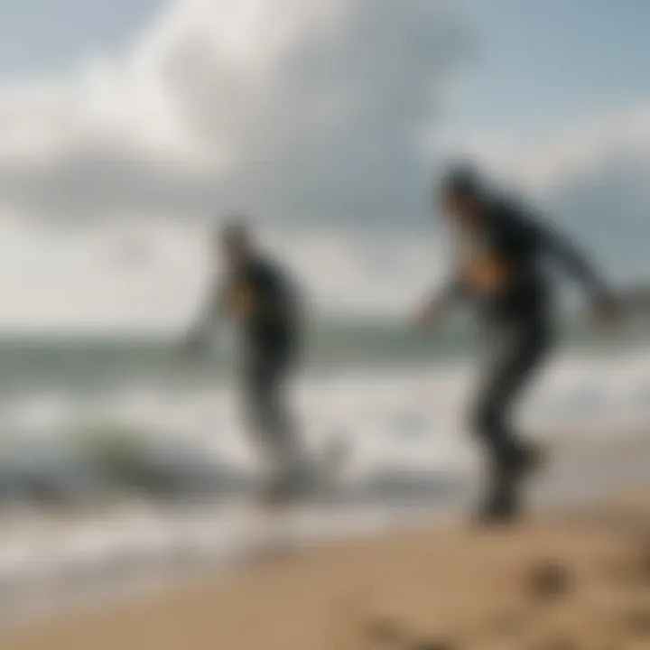 Group of kiteboarders discussing techniques on the shore