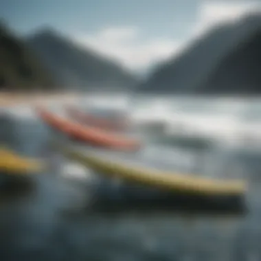 An array of motorized hydrofoil surfboards displayed for potential buyers