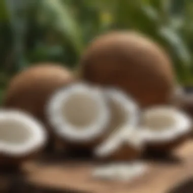 A close-up of coconut products such as oil and milk displayed with fresh coconuts