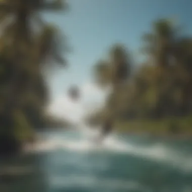 A kiteboarder gliding over the sparkling waters of Saint Lucia with coconut trees in the background