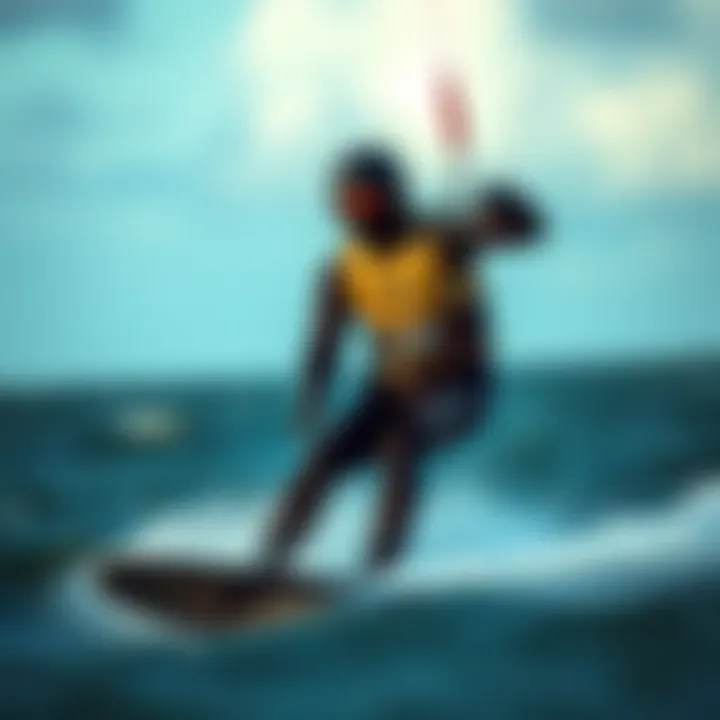 Kiteboarding in a Mustang Dry Suit Kiteboarder in action wearing a Mustang dry suit during a session