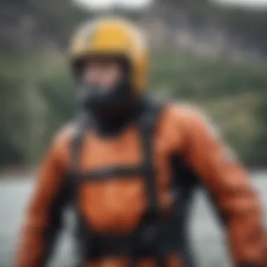 Close-up of Mustang drysuit fit and design features