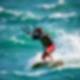 Kiteboarder navigating the waves with a life vest