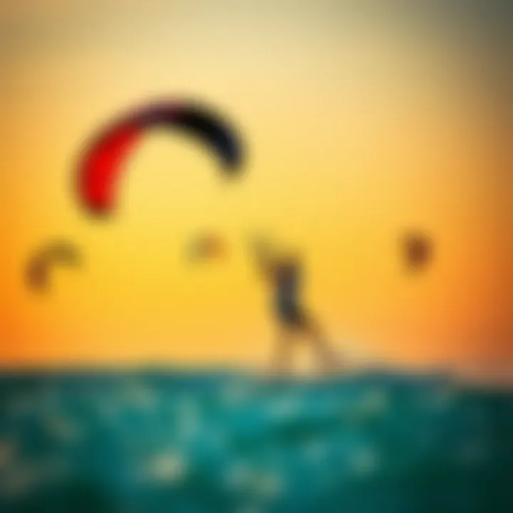 A vibrant kitesurfing scene with colorful kites in the sky