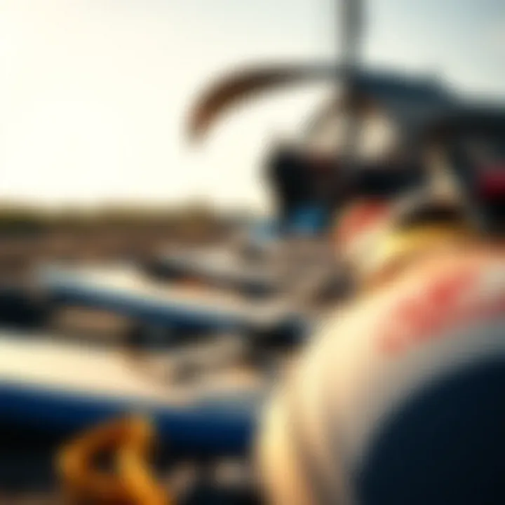Close-up of kitesurfing gear laid out on the beach