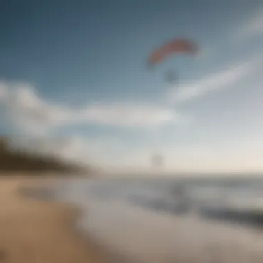 A serene beach scene with kiteboarders utilizing hydrofoils