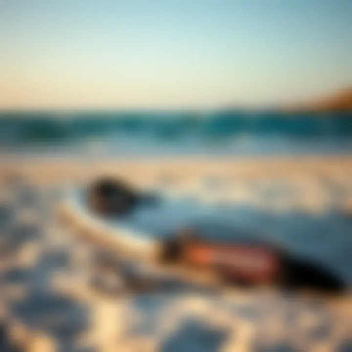 A pristine beach setting with a prone foil board and kiteboarding gear laid out