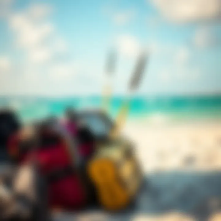 Equipment setup for kiteboarding on a vibrant beach