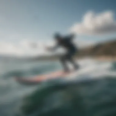 A serene landscape featuring a kiteboarder using a hydrofoil on calm waters.