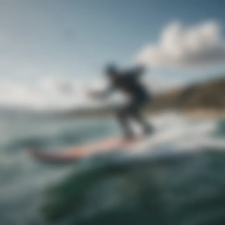 A serene landscape featuring a kiteboarder using a hydrofoil on calm waters.