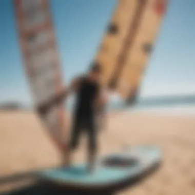 A kiteboarder inspecting a used kite board before purchase