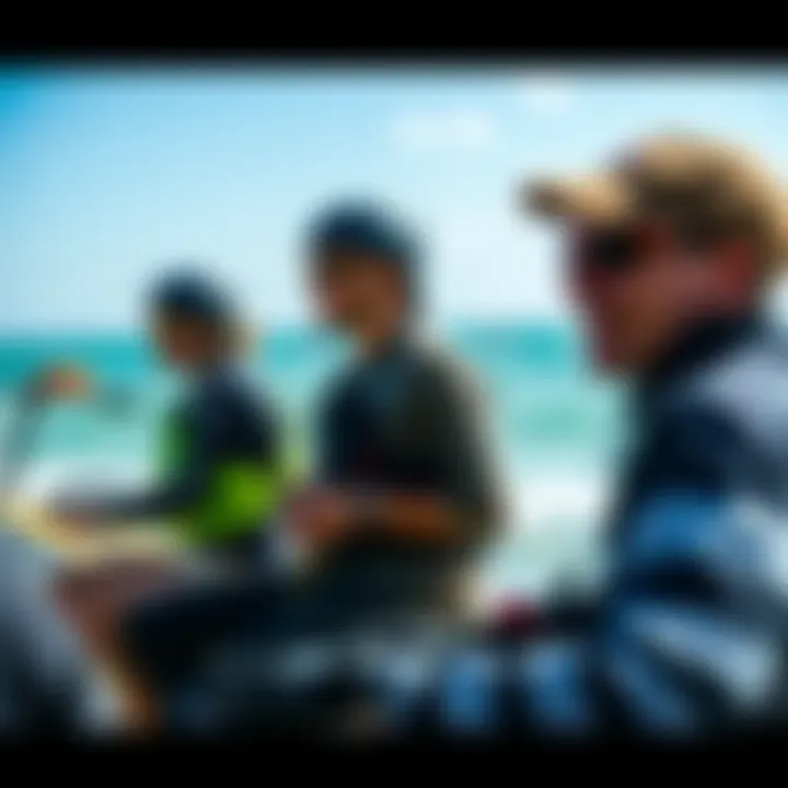 Kiteboarding enthusiasts discussing gear