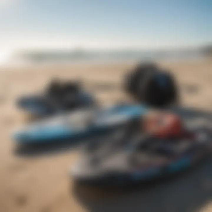 Close-up of kiteboarding gear laid out on the beach