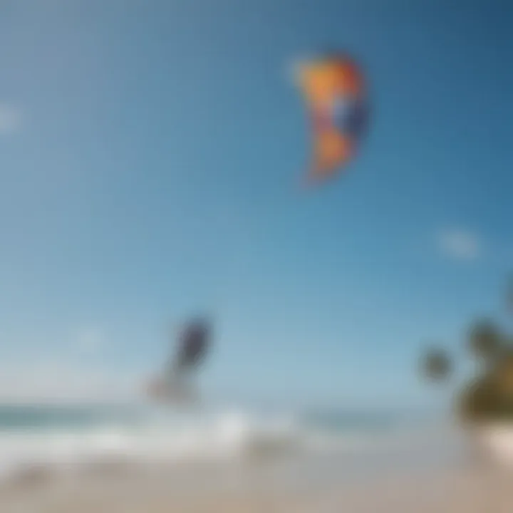 A vibrant kiteboarding scene at Watamu beach, showcasing colorful kites against a clear blue sky.