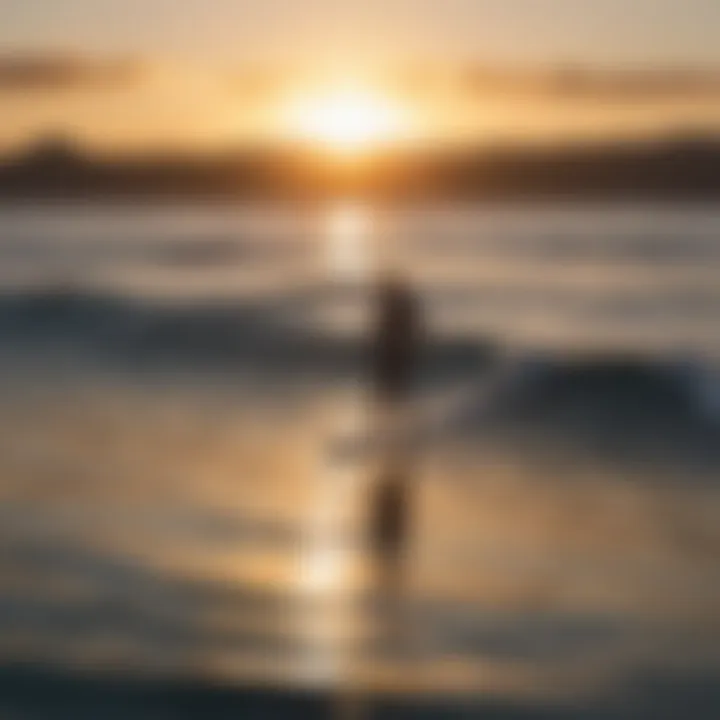 A foil surfboard gliding above water during a sunset