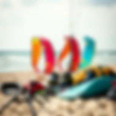 Kiteboarding gear setup on the beach with colorful kites