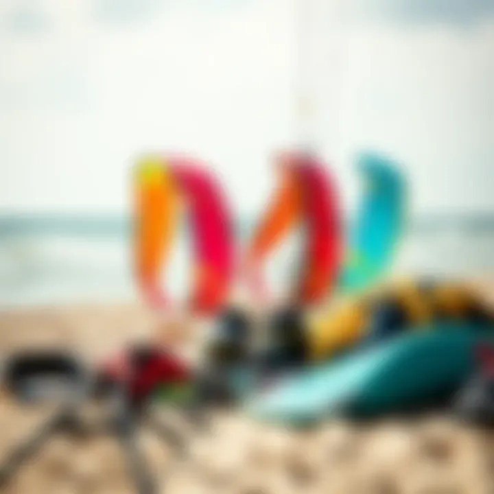 Kiteboarding gear setup on the beach with colorful kites