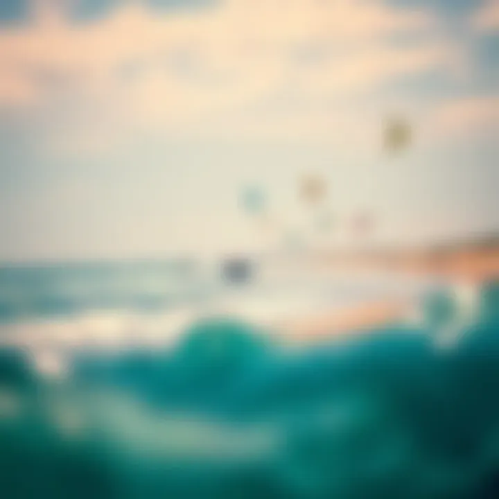 A panoramic view of West Dennis Beach with kiteboarders in action