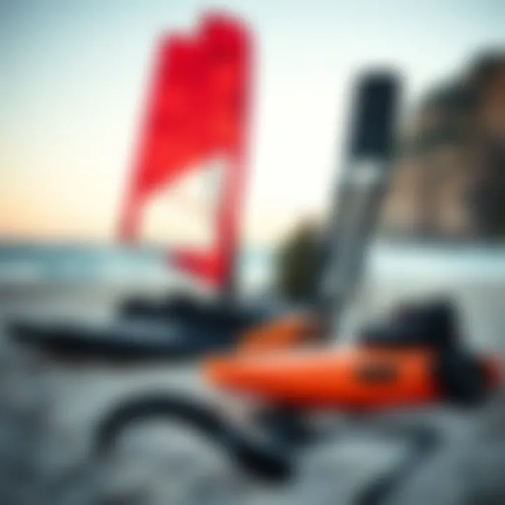 Essential Gear for Windsurf Hydrofoiling Adventures An array of cutting-edge windsurf hydrofoil gear displayed on a beach.