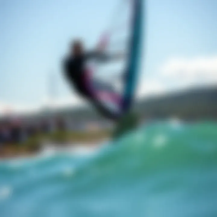 Mastering the Art of Hydrofoil Windsurfing A rider expertly maneuvering a hydrofoil windsurfing setup in a scenic location.