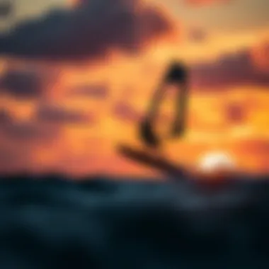 Windsurf Hydrofoiling at Dusk: A Visual Symphony A breathtaking sunset backdrop enhancing the allure of windsurf hydrofoiling.