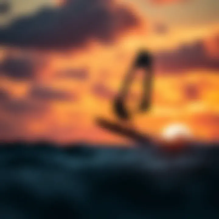 Windsurf Hydrofoiling at Dusk: A Visual Symphony A breathtaking sunset backdrop enhancing the allure of windsurf hydrofoiling.