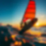 Spectacular view of wing foiling at sunset