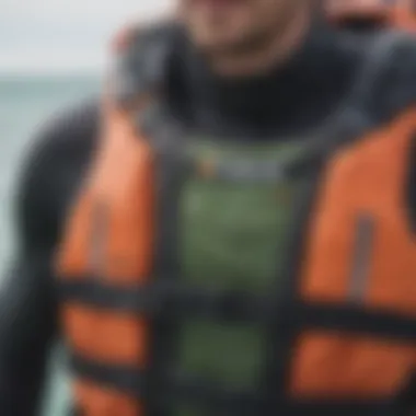 A close-up view of flotation vest features and adjustments