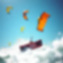 A dynamic kiteboarding session with vibrant kites soaring in the sky