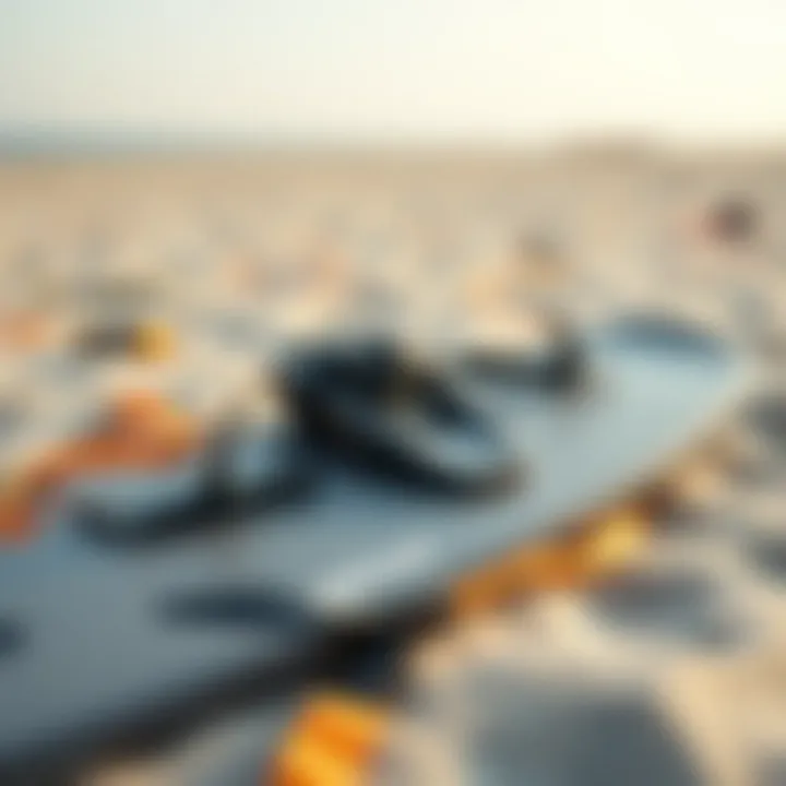 Close-up of kiteboarding equipment laid out on the sandy beach