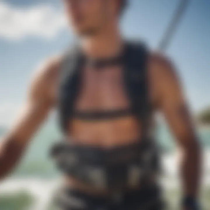 A close-up view of a well-fitted kiteboarding harness