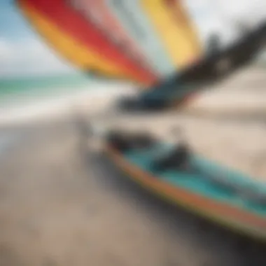 Close-up of kiteboarding equipment on the shore