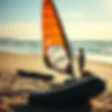 Inflatable wing foiling gear setup on the beach