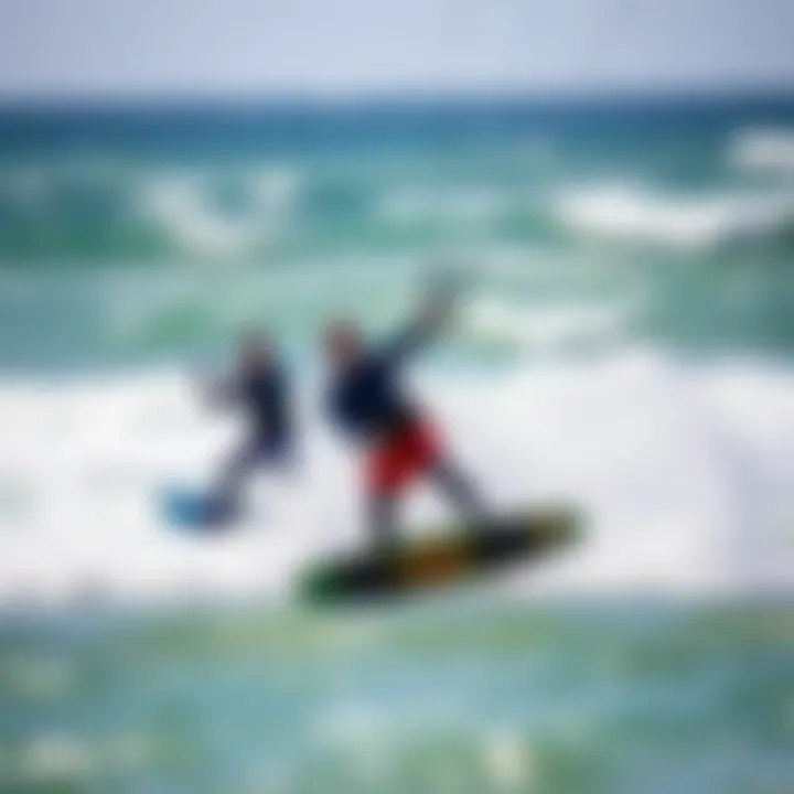 Kiteboarders in action, displaying skill and excitement against the backdrop of the waves.