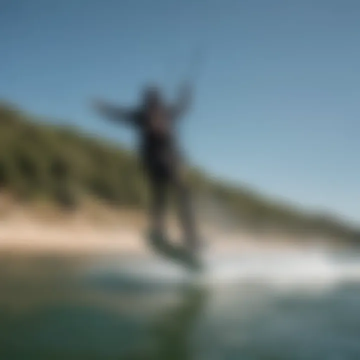 Kiteboarder gliding across the water