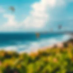 A panoramic view of Kite Beach with colorful kites soaring above the waves