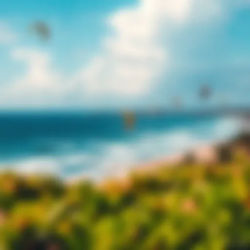 A panoramic view of Kite Beach with colorful kites soaring above the waves