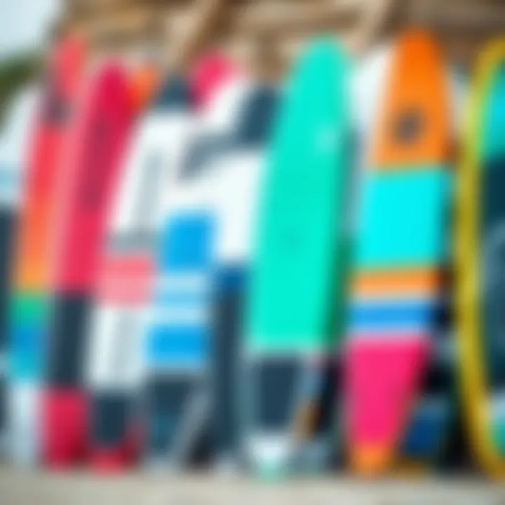 Popular Kite Surf Board Brands An array of popular kite surf board brands lined up for display, emphasizing variety