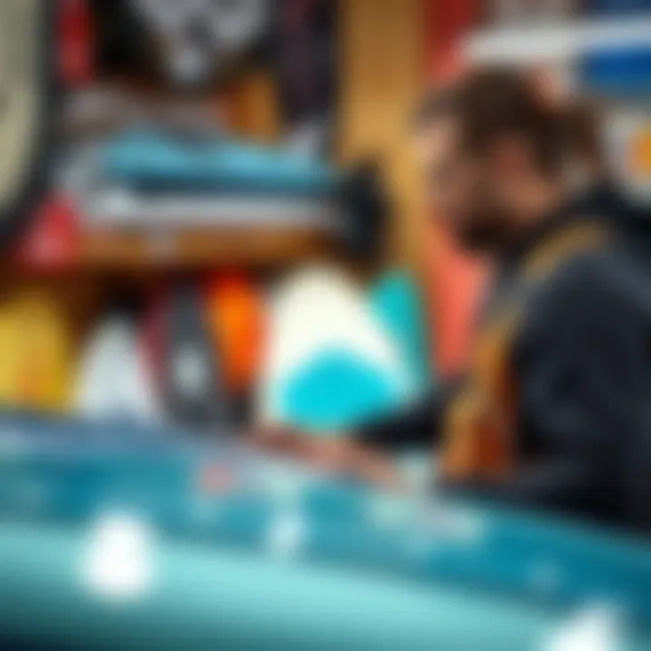 Selecting the Right Kite Surf Board Kiteboarding enthusiast examining different types of surf boards at a local shop