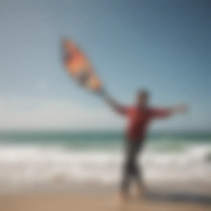 An instructor demonstrating kite handling techniques on the beach