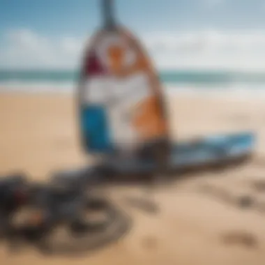 Essential kite surfing equipment displayed on a sandy shore