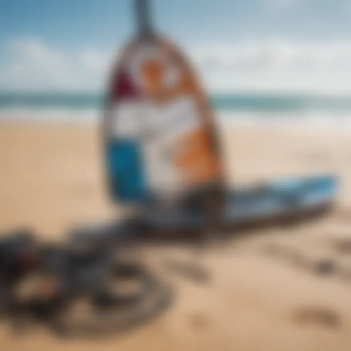 Essential kite surfing equipment displayed on a sandy shore