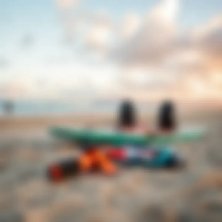 Ready for Adventure: Kite Surf Setup on the Beach A beautiful kite surf setup on the sandy beach ready for action