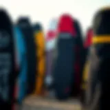 A variety of kite surfboard bags displayed