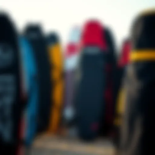 A variety of kite surfboard bags displayed