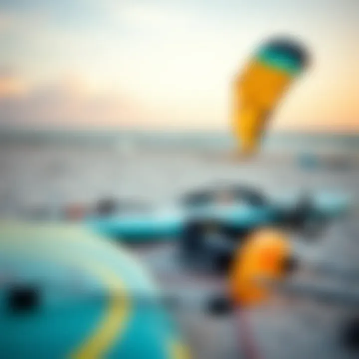 Essential Kite Surfing Gear Essential kite surfing equipment laid out on the beach