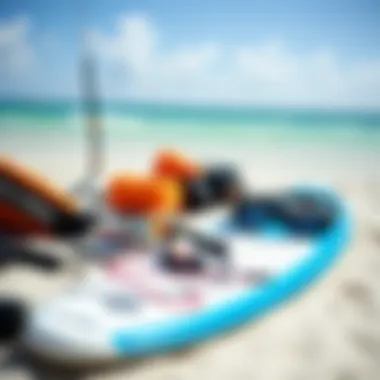 Kite Surfing Equipment Essential kite surfing equipment laid out on the beach