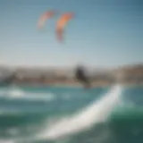 A stunning view of kite surfers in action against the backdrop of Paros coastline